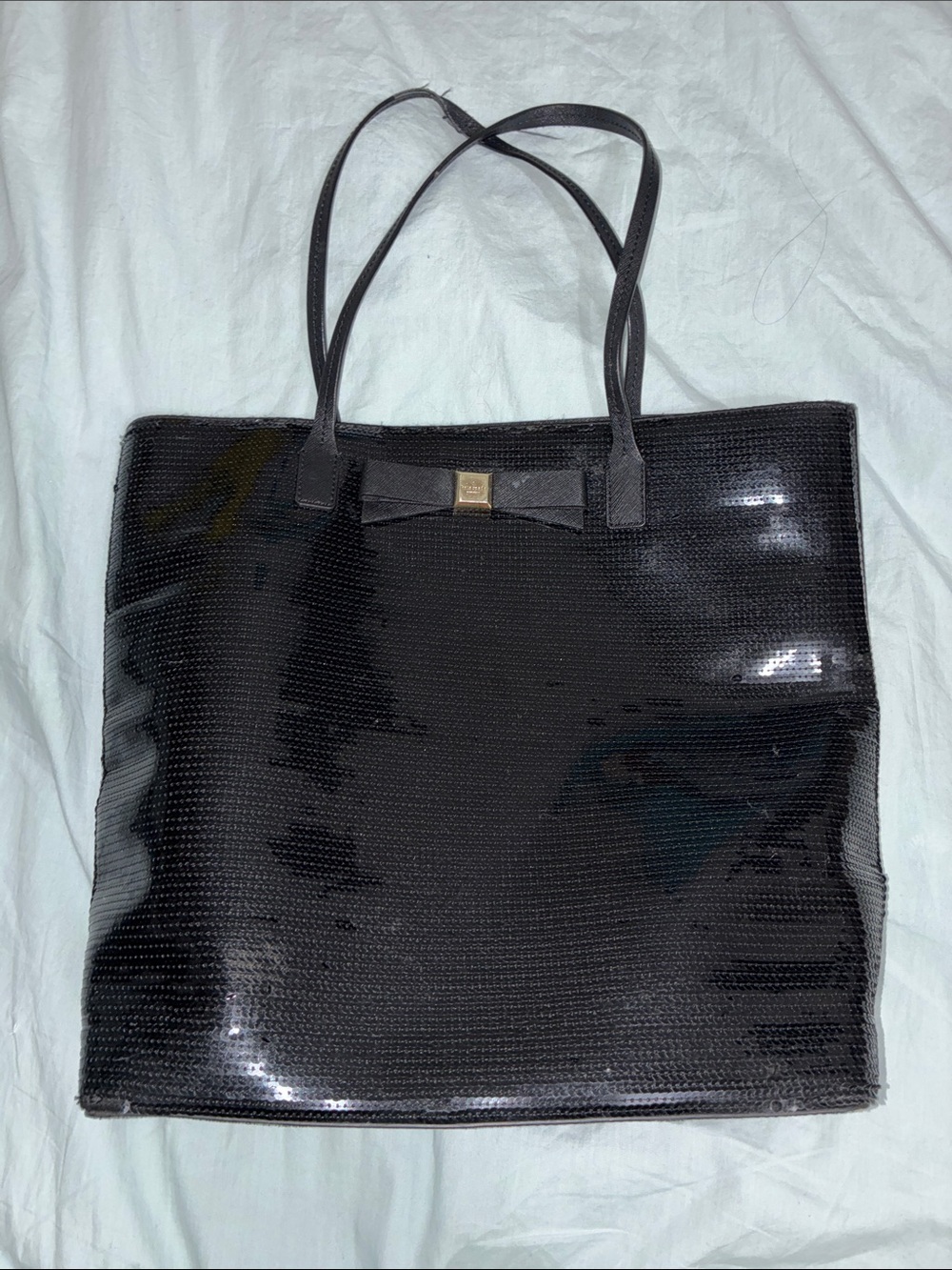 Kate & Spade NY Salinas Sequin Black Patent Tote Bag with Bow Accent